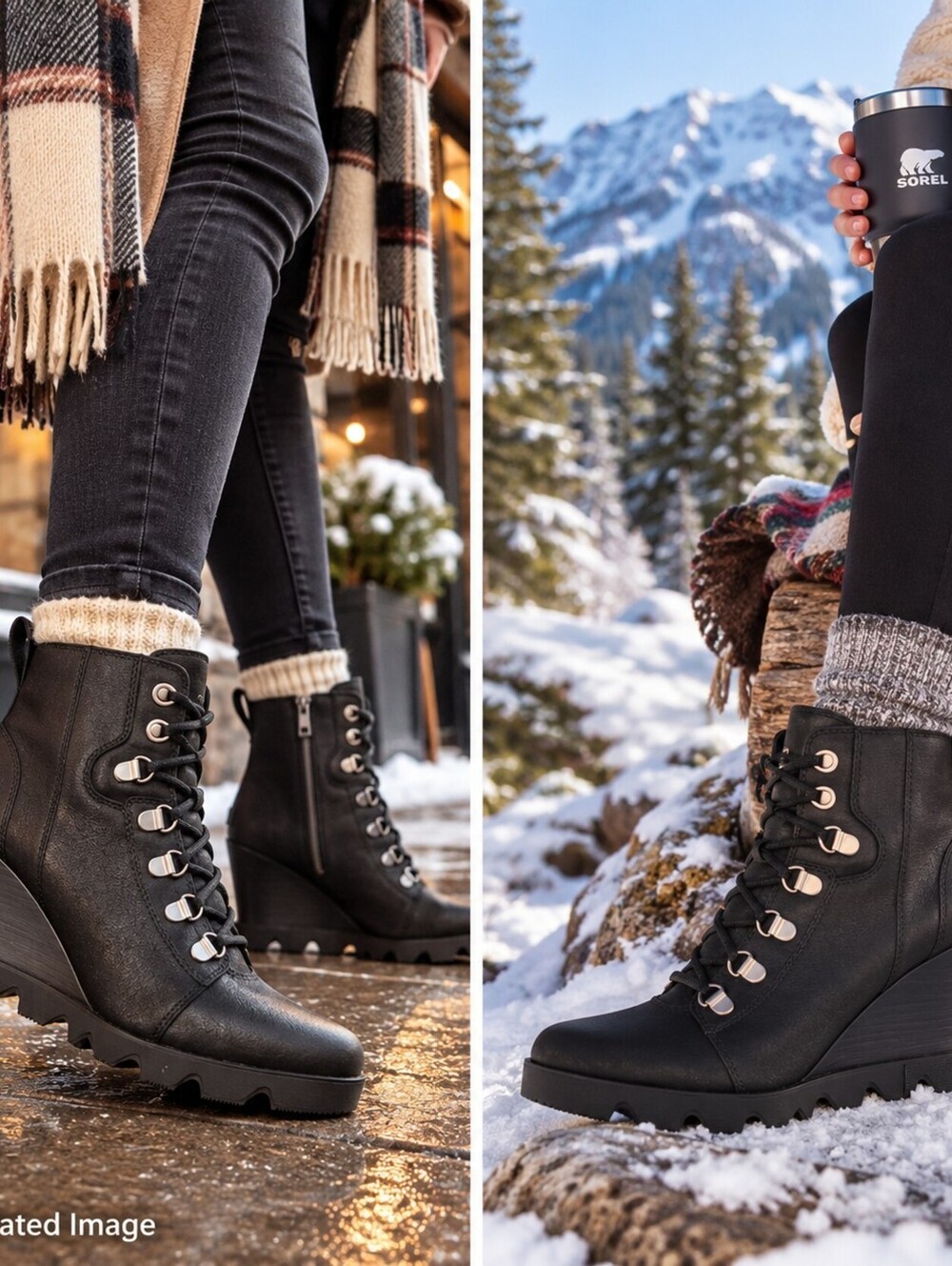 SOREL Joan Uptown Lace Waterproof Wedge Boots Women 8.5 Black NWT